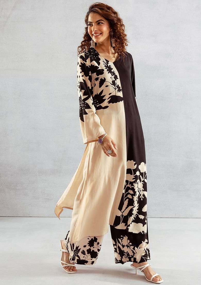 Beige Embroidered Poly Blended Kurta Sets - Indya