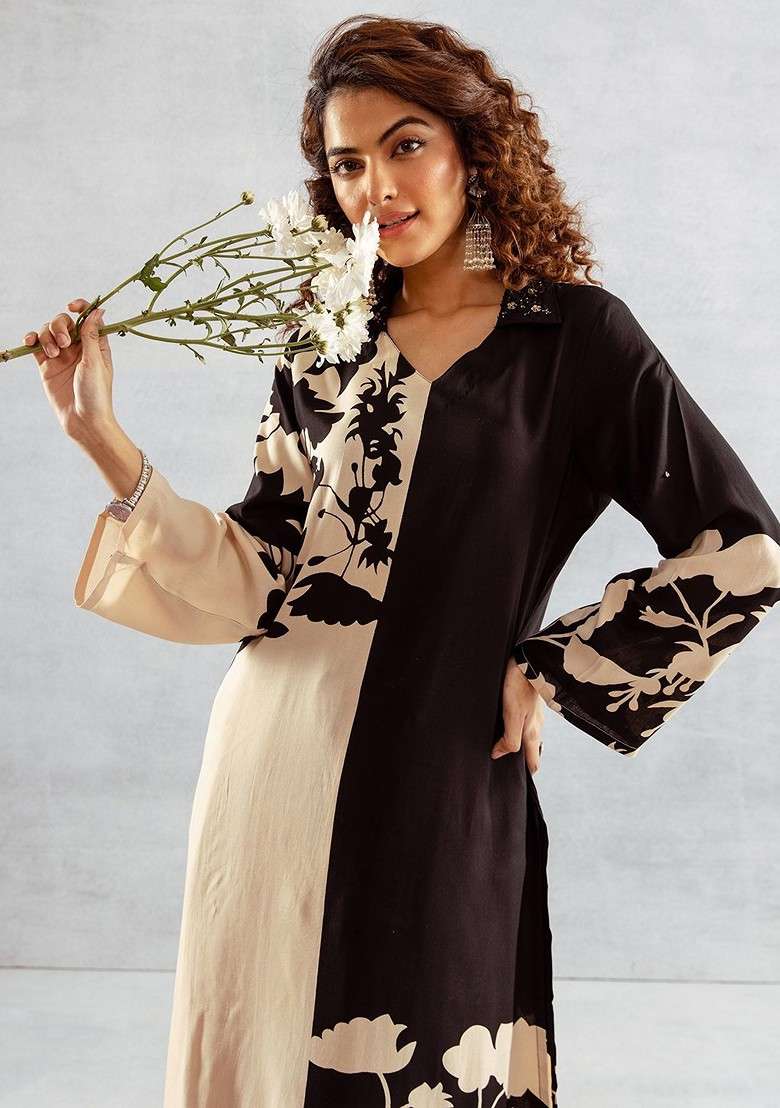 Beige Embroidered Poly Blended Kurta Sets - Indya