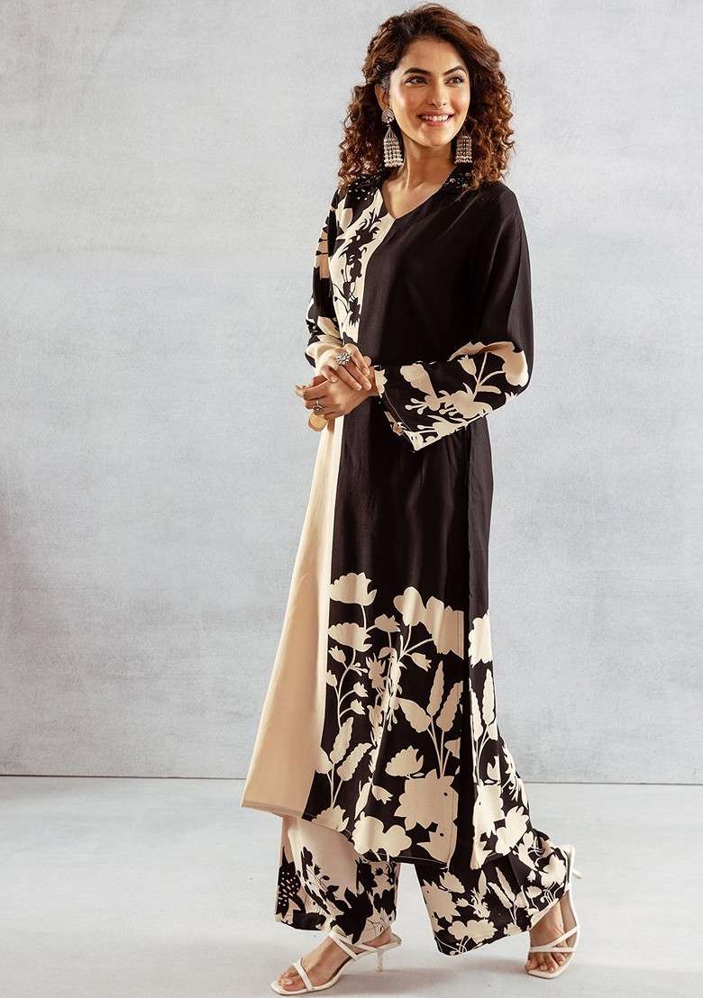 Beige Embroidered Poly Blended Kurta Sets - Indya