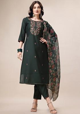 Green Embroidered Poly Blended Kurta Sets