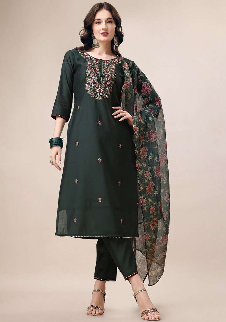 Green Embroidered Poly Blended Kurta Sets - Indya