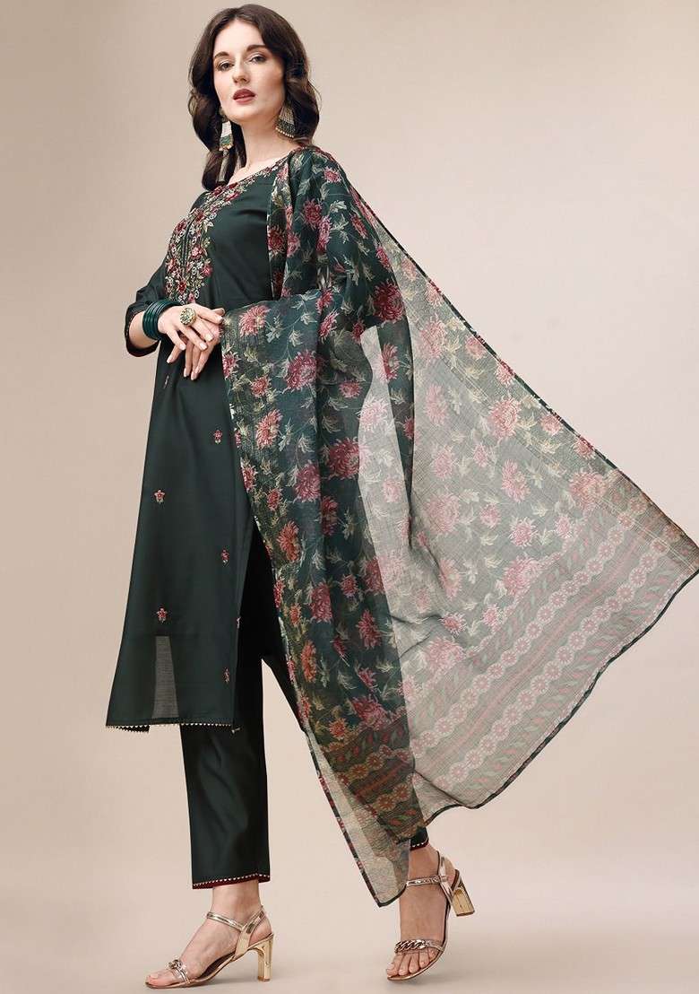 Green Embroidered Poly Blended Kurta Sets - Indya