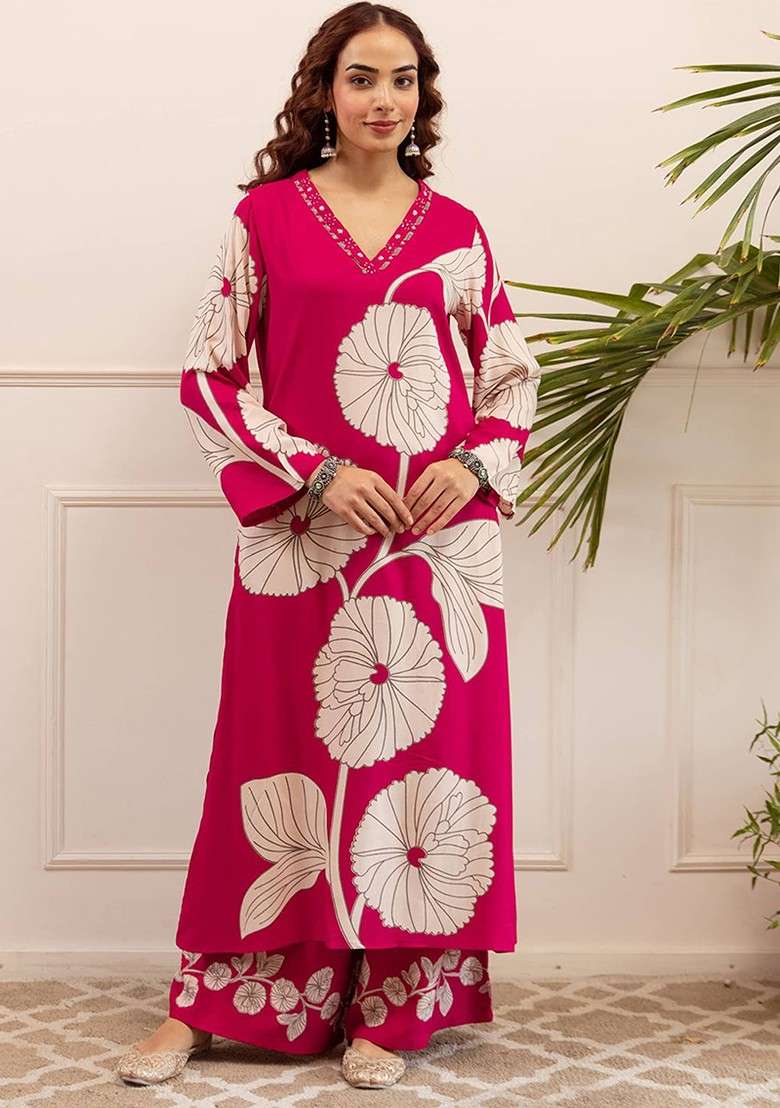 Pink Embroidered Poly Blended Kurta Sets - Indya