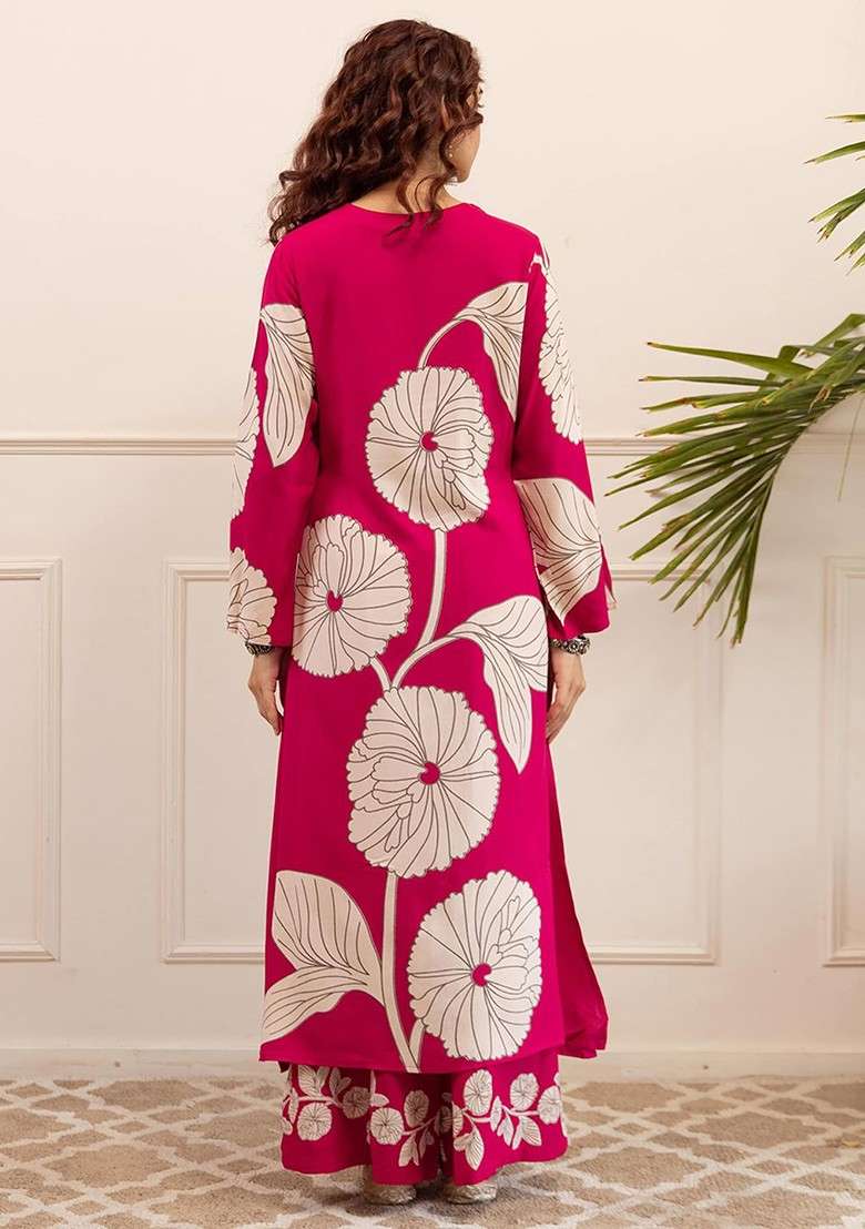 Pink Embroidered Poly Blended Kurta Sets - Indya