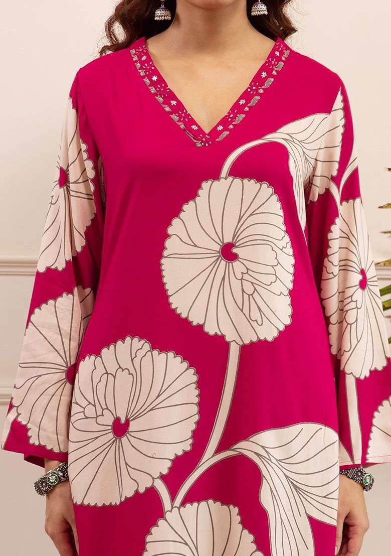 Pink Embroidered Poly Blended Kurta Sets - Indya