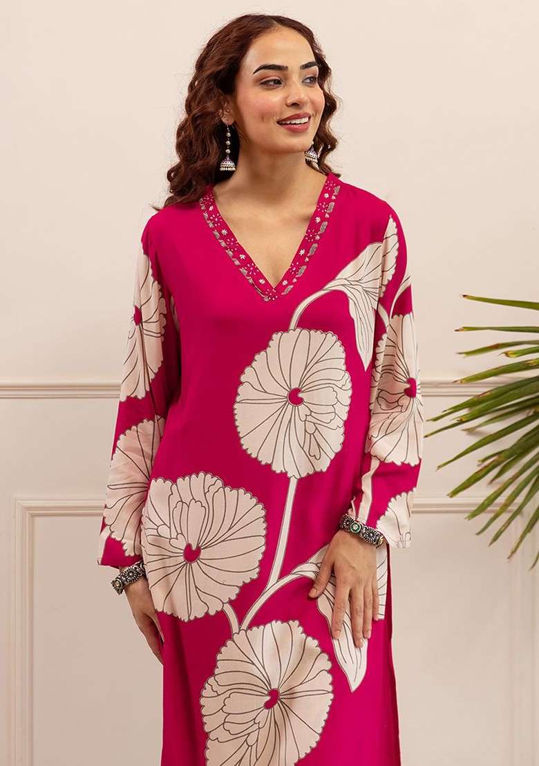 Pink Embroidered Poly Blended Kurta Sets - Indya