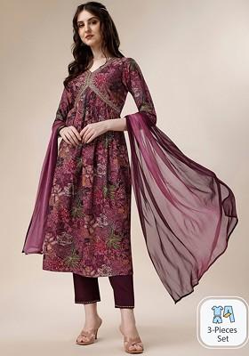 Purple Embroidered Poly Blended Kurta Sets