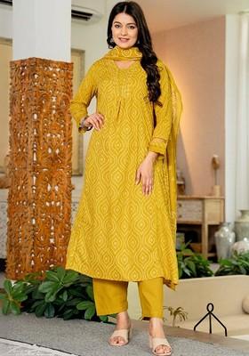 Mustard Embroidered Poly Blended Kurta Sets