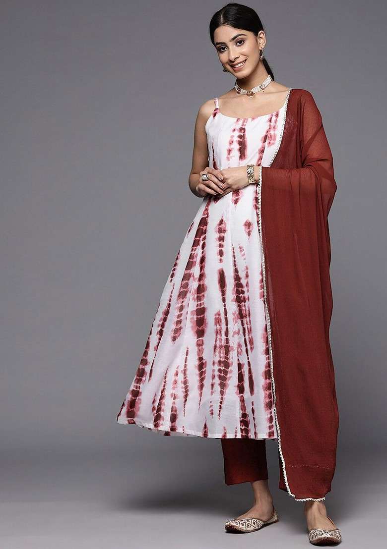 Off White Embroidered Poly Blended Kurta Sets - Indya