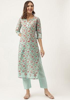 Green Embroidered Poly Blended Kurta Sets