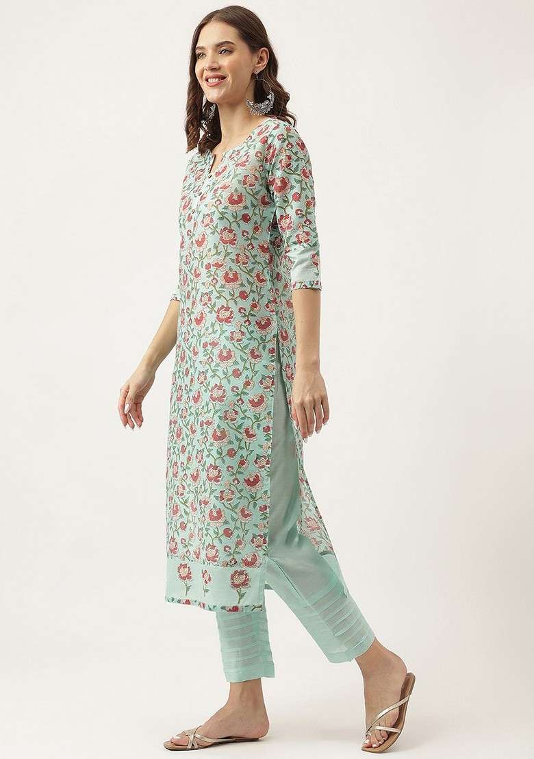 Green Embroidered Poly Blended Kurta Sets - Indya