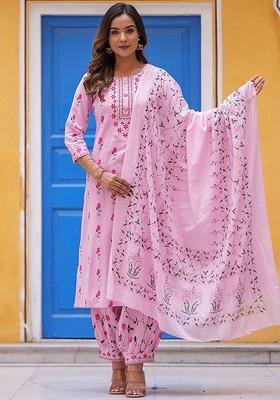 Pink Embroidered Poly Blended Kurta Sets