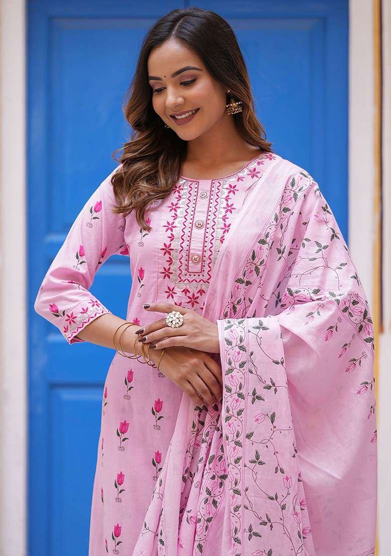 Pink Embroidered Poly Blended Kurta Sets - Indya