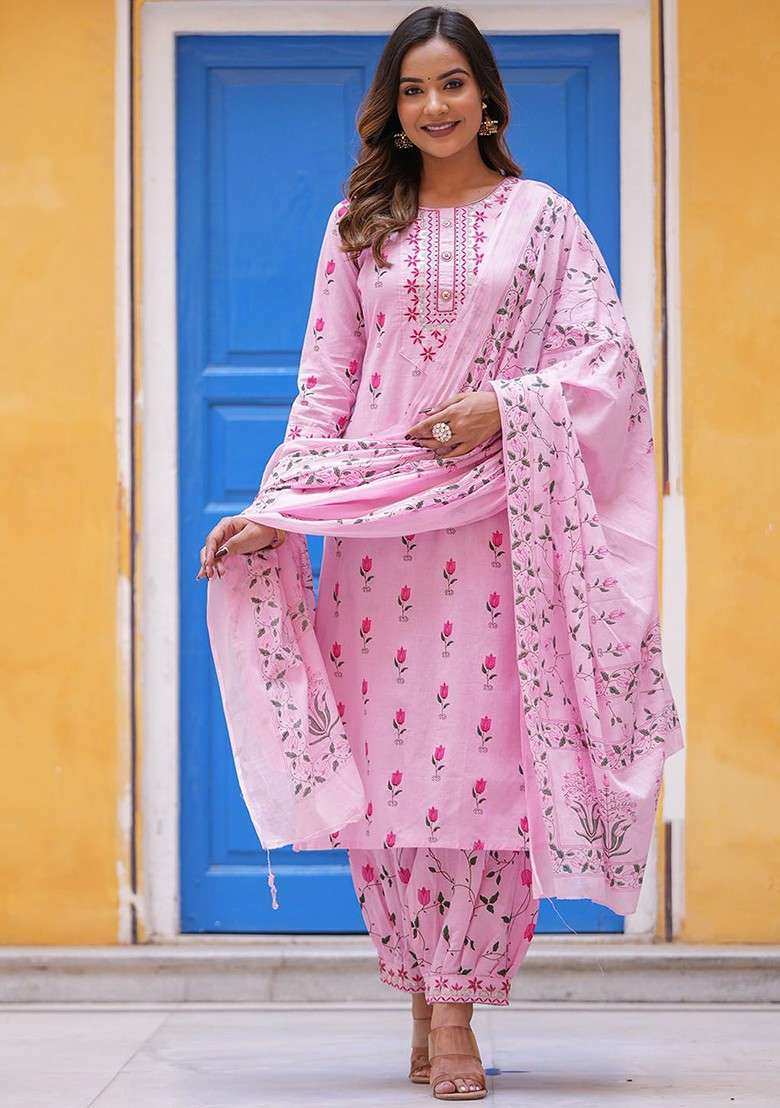 Pink Embroidered Poly Blended Kurta Sets - Indya