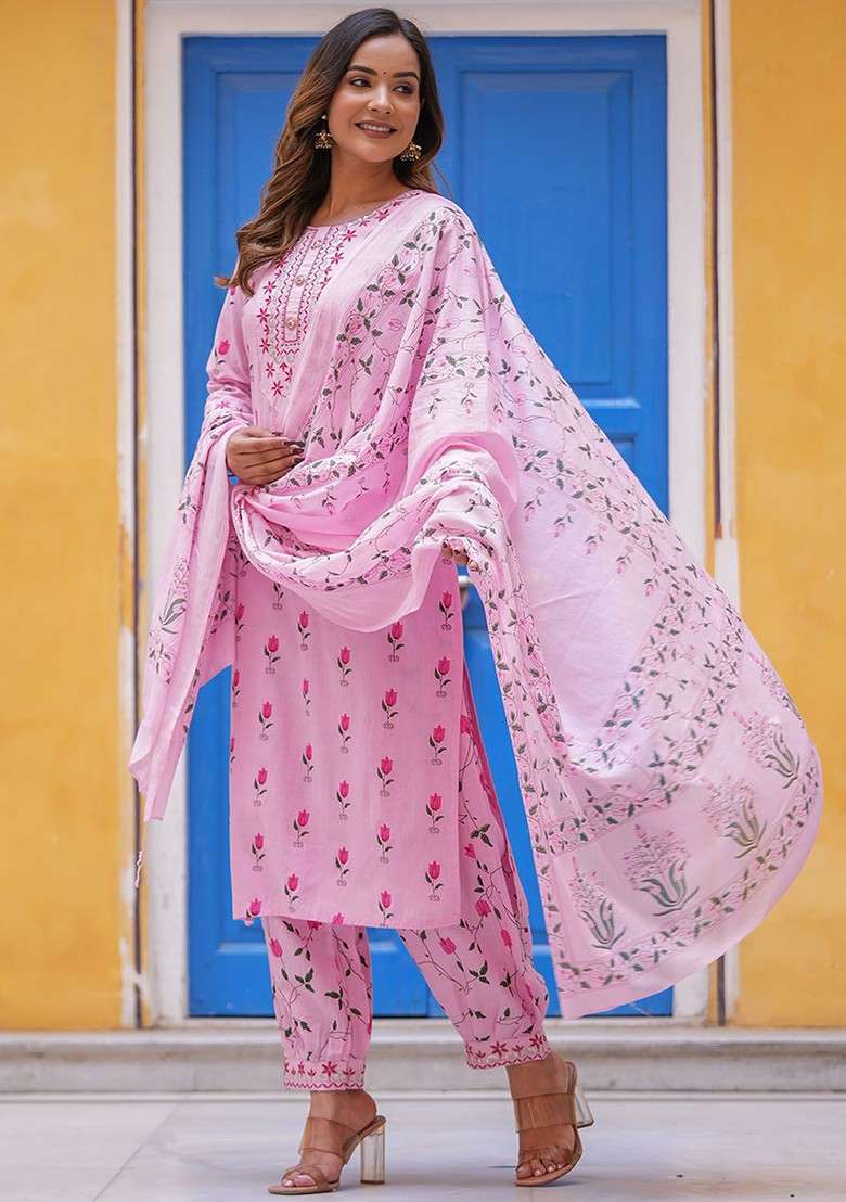 Pink Embroidered Poly Blended Kurta Sets - Indya