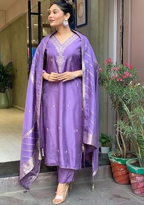 Purple Embroidered Poly Blended Kurta Sets