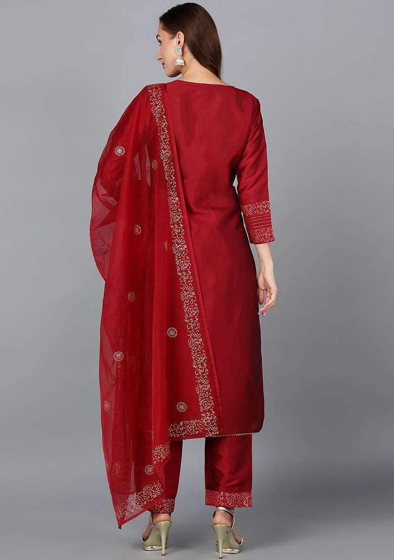 Maroon Embroidered Poly Blended Kurta Sets - Indya