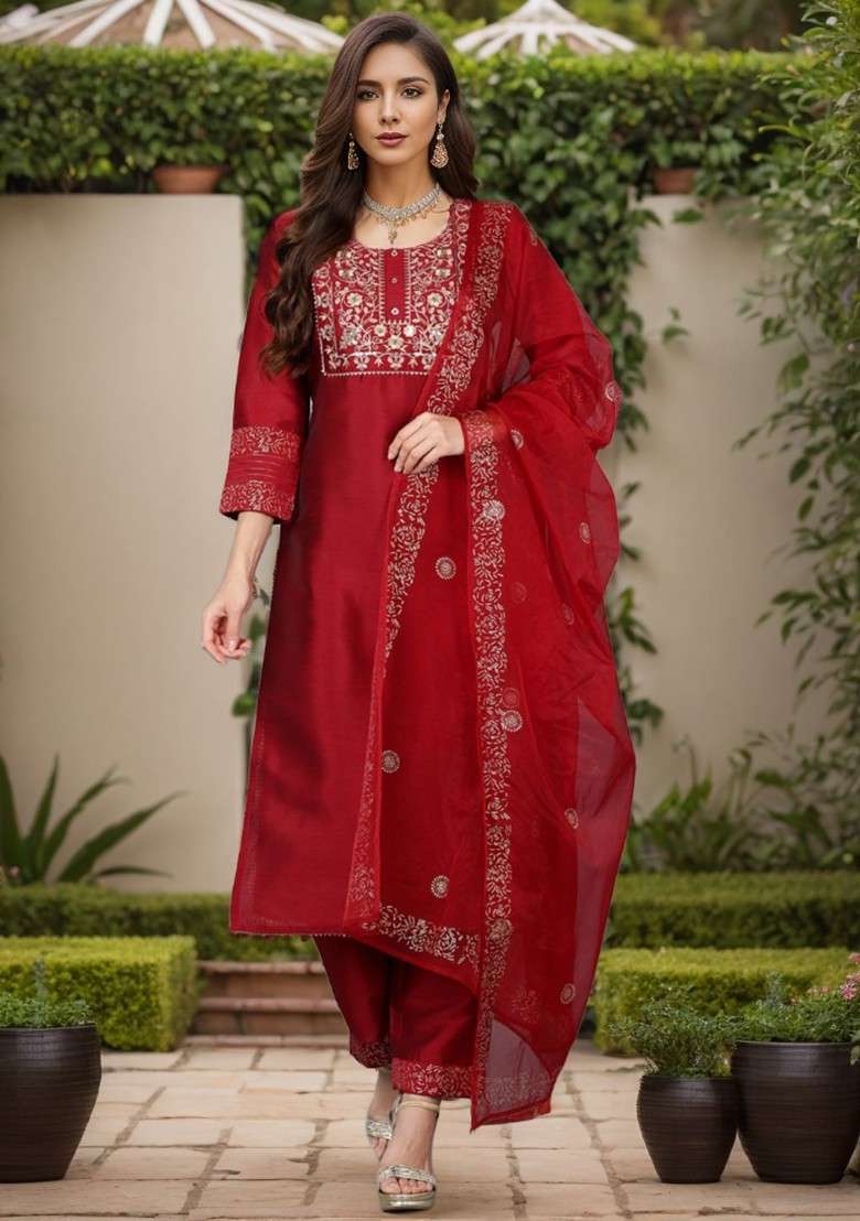 Maroon Embroidered Poly Blended Kurta Sets - Indya