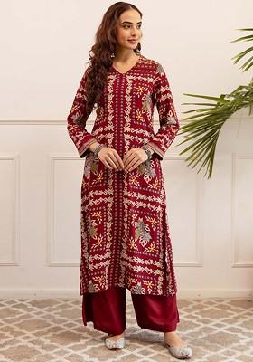 Maroon Embroidered Poly Blended Kurta Sets