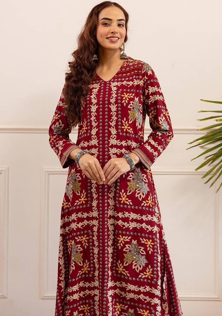 Maroon Embroidered Poly Blended Kurta Sets - Indya