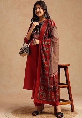 Red Embroidered Poly Blended Kurta Sets