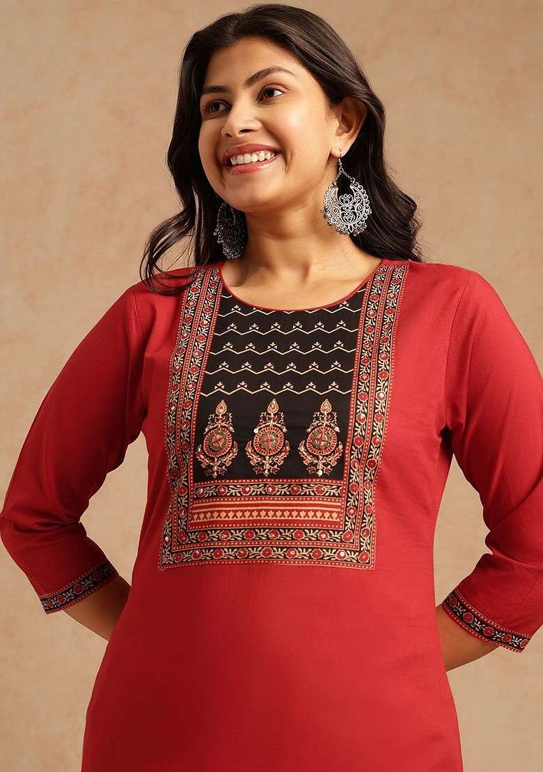 Red Embroidered Poly Blended Kurta Sets - Indya