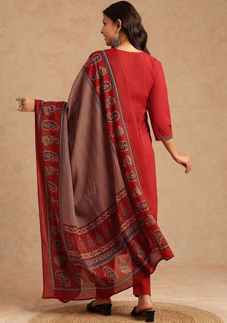 Red Embroidered Poly Blended Kurta Sets - Indya