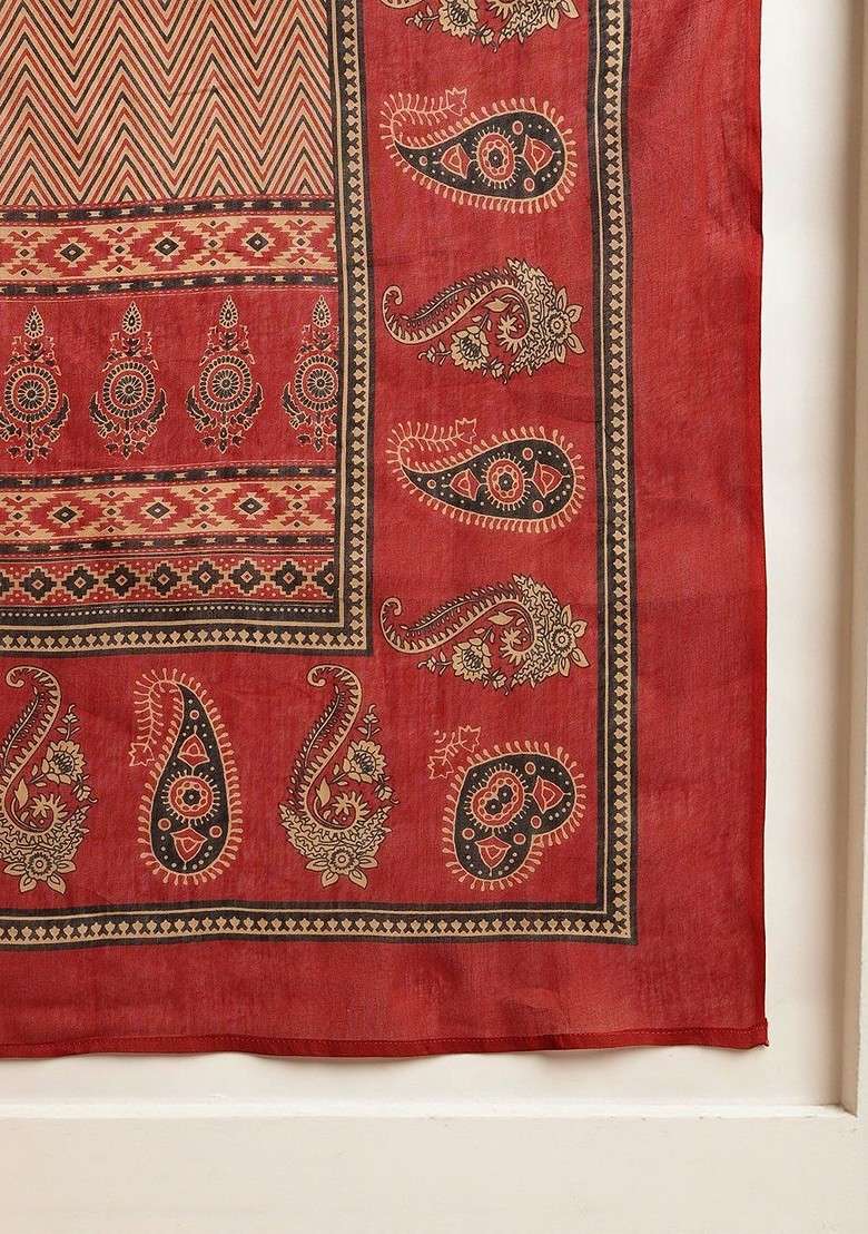 Red Embroidered Poly Blended Kurta Sets - Indya