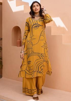 Mustard Embroidered Poly Blended Kurta Sets