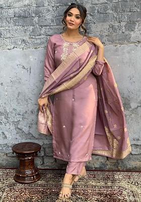 Mauve Embroidered Poly Blended Kurta Sets
