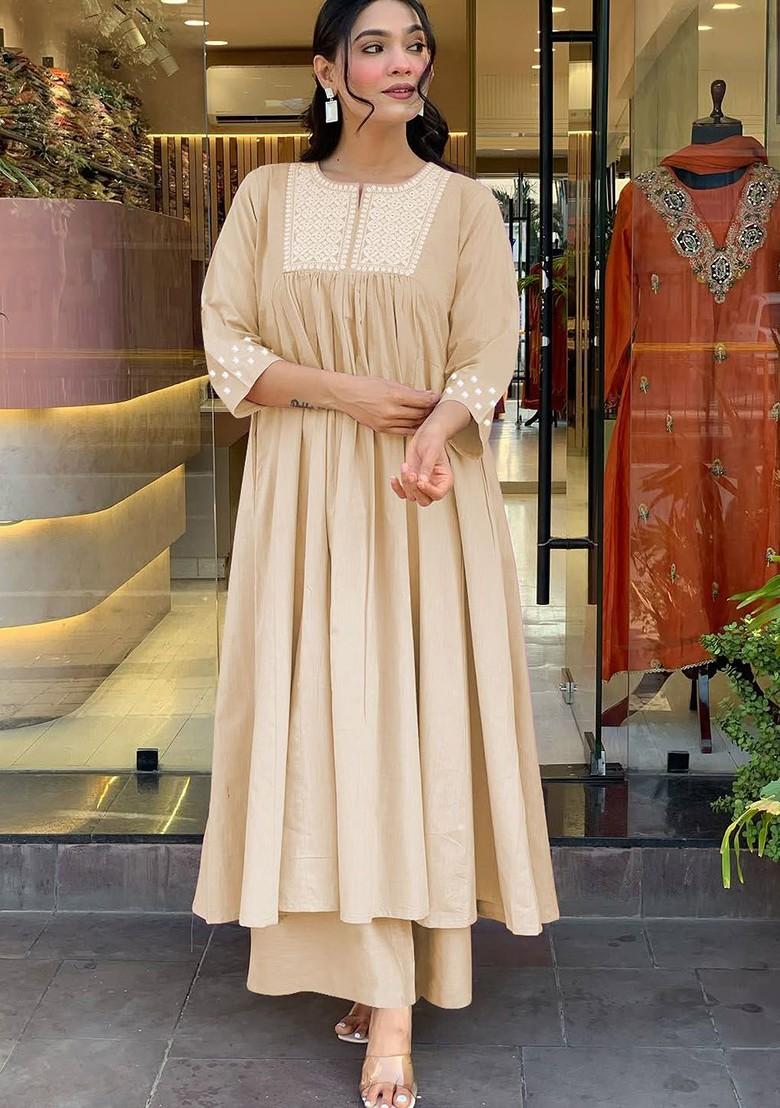 Beige Embroidered Poly Blended Kurta Sets - Indya