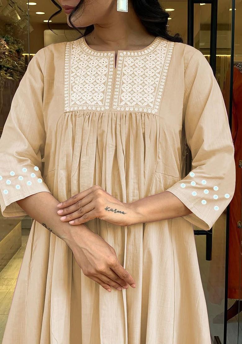 Beige Embroidered Poly Blended Kurta Sets - Indya