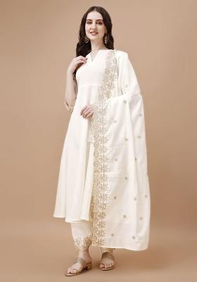 White Embroidered Poly Blended Kurta Sets