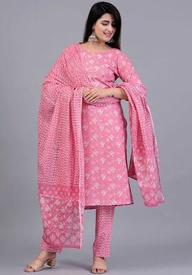 Pink Embroidered Poly Blended Kurta Sets