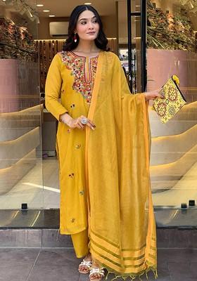Yellow Embroidered Poly Blended Kurta Sets
