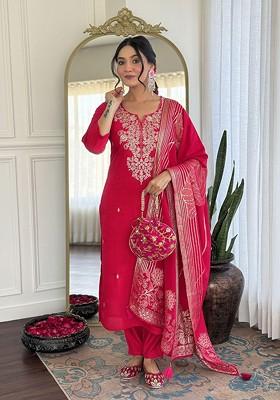 Pink Embroidered Poly Blended Kurta Sets