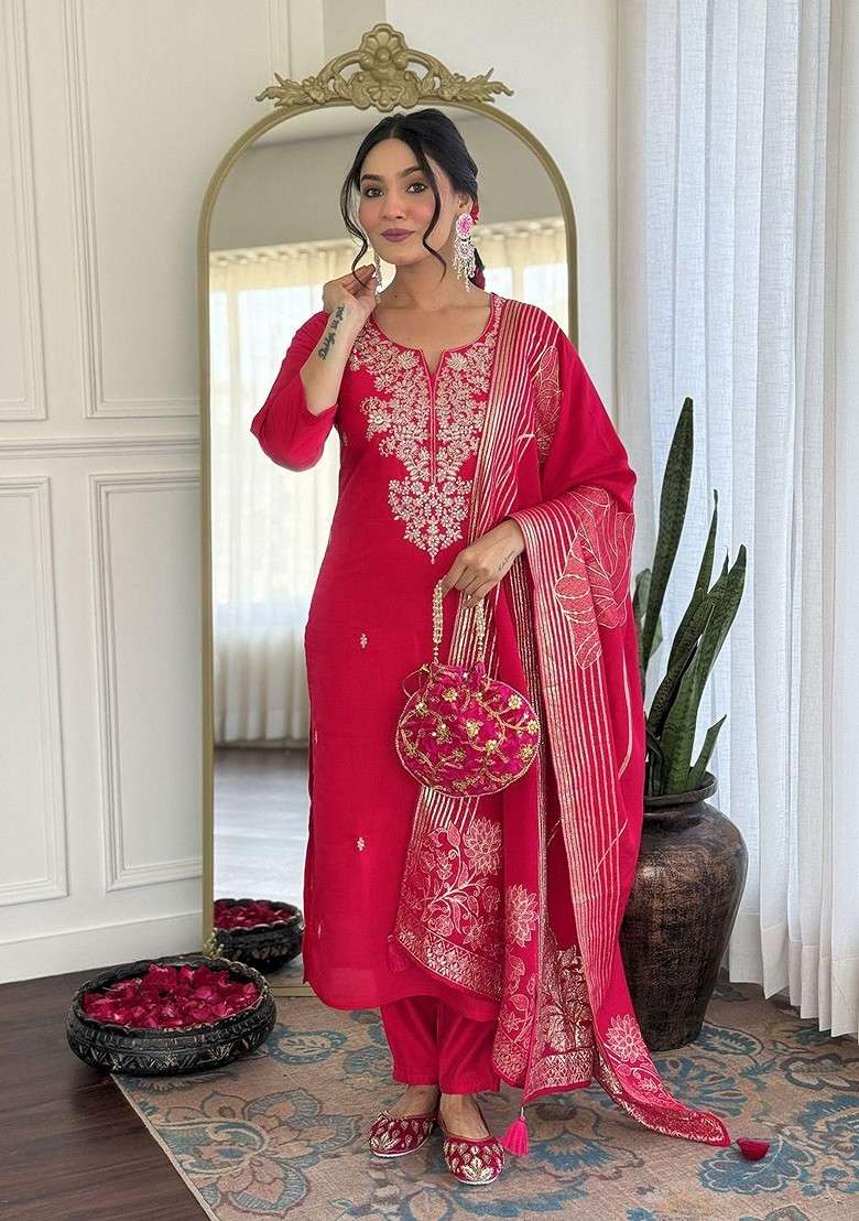 Pink Embroidered Poly Blended Kurta Sets - Indya