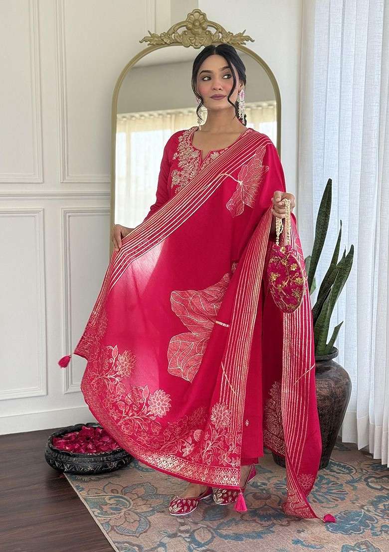 Pink Embroidered Poly Blended Kurta Sets - Indya