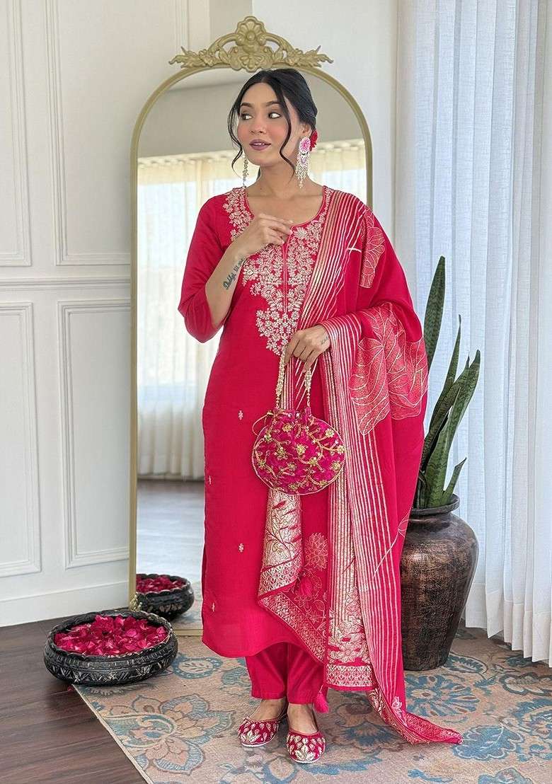 Pink Embroidered Poly Blended Kurta Sets - Indya