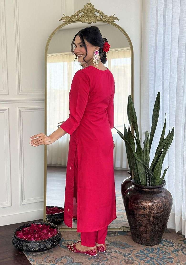 Pink Embroidered Poly Blended Kurta Sets - Indya