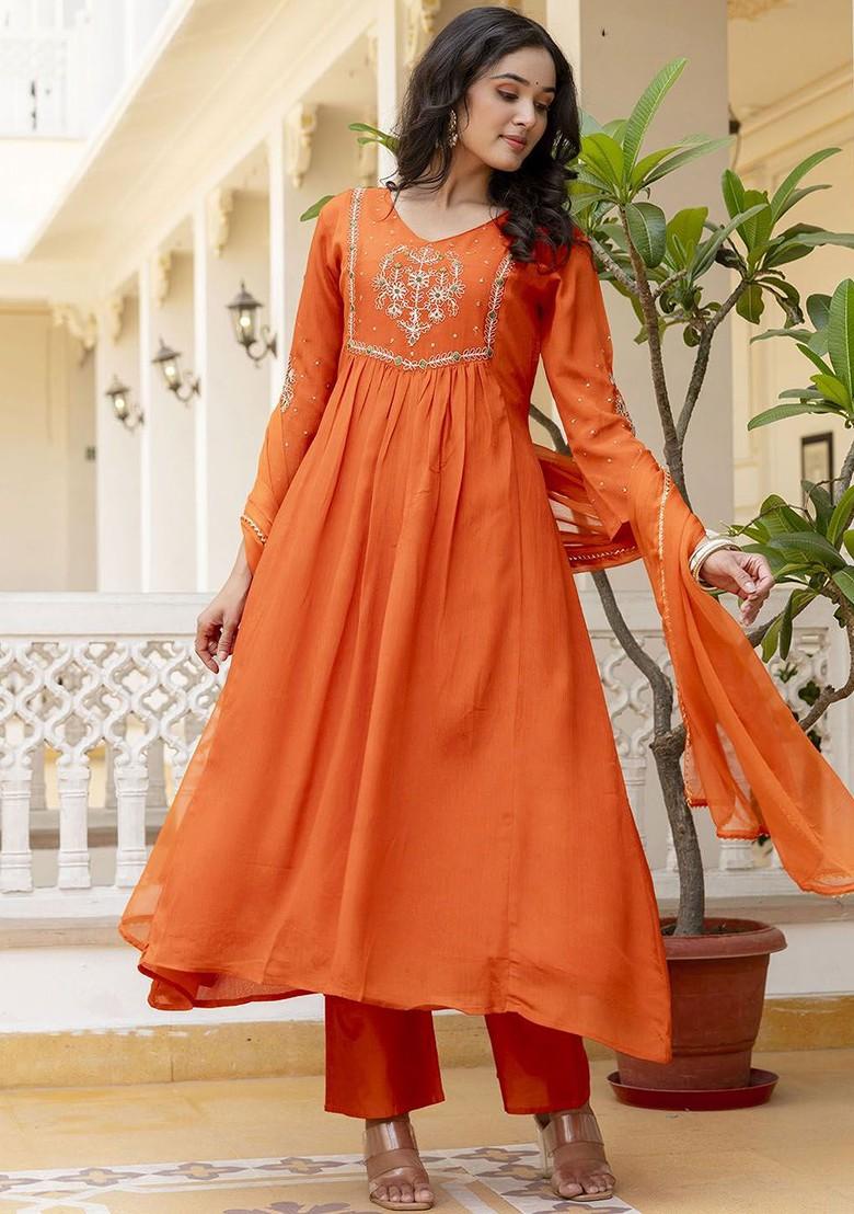 Orange Embroidered Poly Blended Kurta Sets - Indya