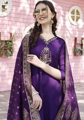 Purple Embroidered Poly Blended Kurta Sets