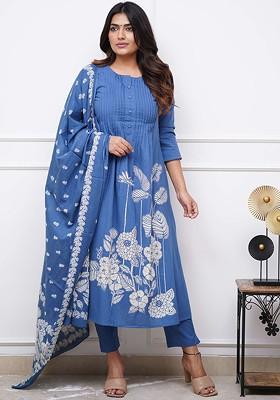 Blue Embroidered Poly Blended Kurta Sets