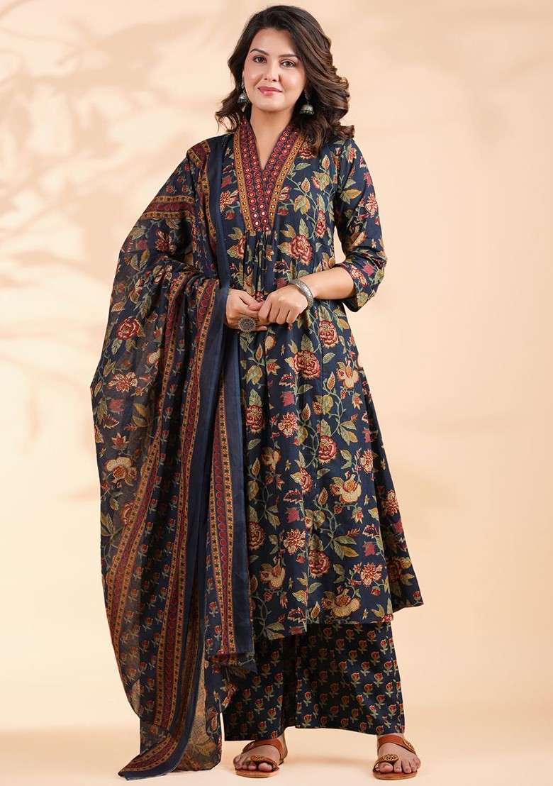 Blue Embroidered Poly Blended Kurta Sets - Indya