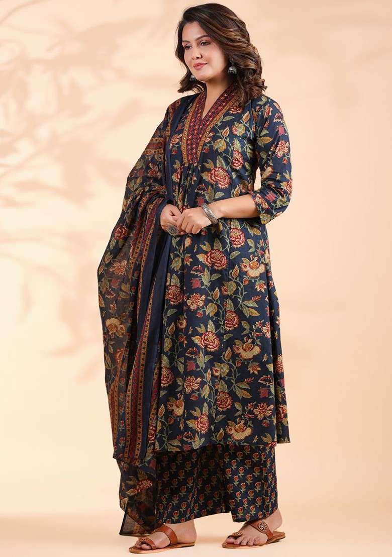Blue Embroidered Poly Blended Kurta Sets - Indya