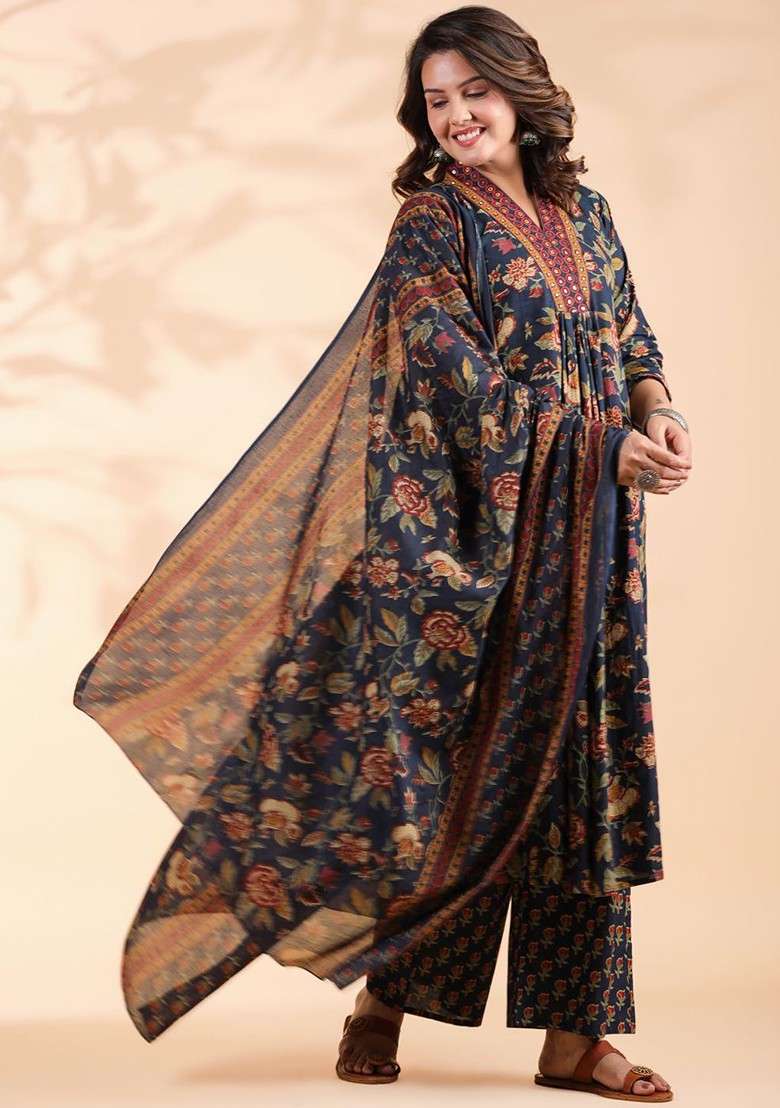 Blue Embroidered Poly Blended Kurta Sets - Indya