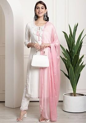 White Embroidered Poly Blended Kurta Sets