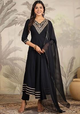 Black Embroidered Poly Blended Kurta Sets
