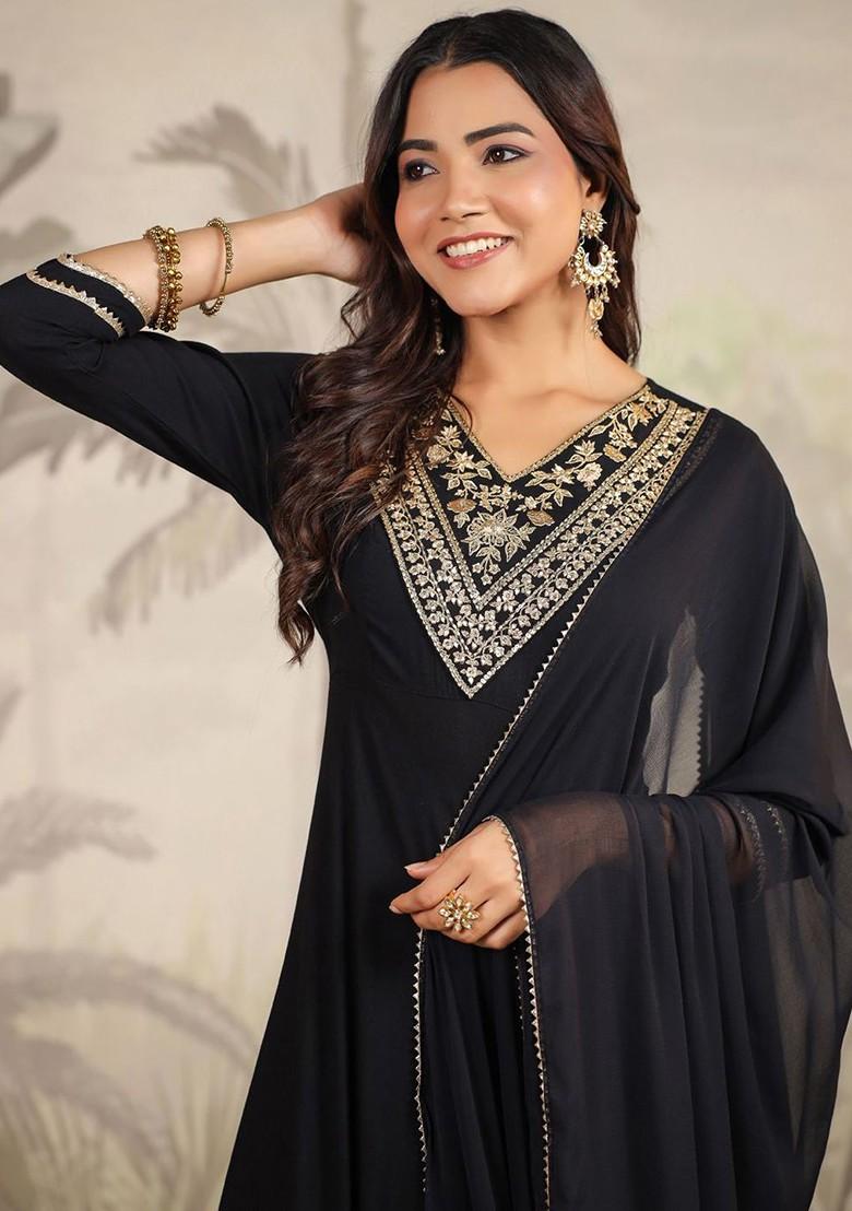Black Embroidered Poly Blended Kurta Sets - Indya