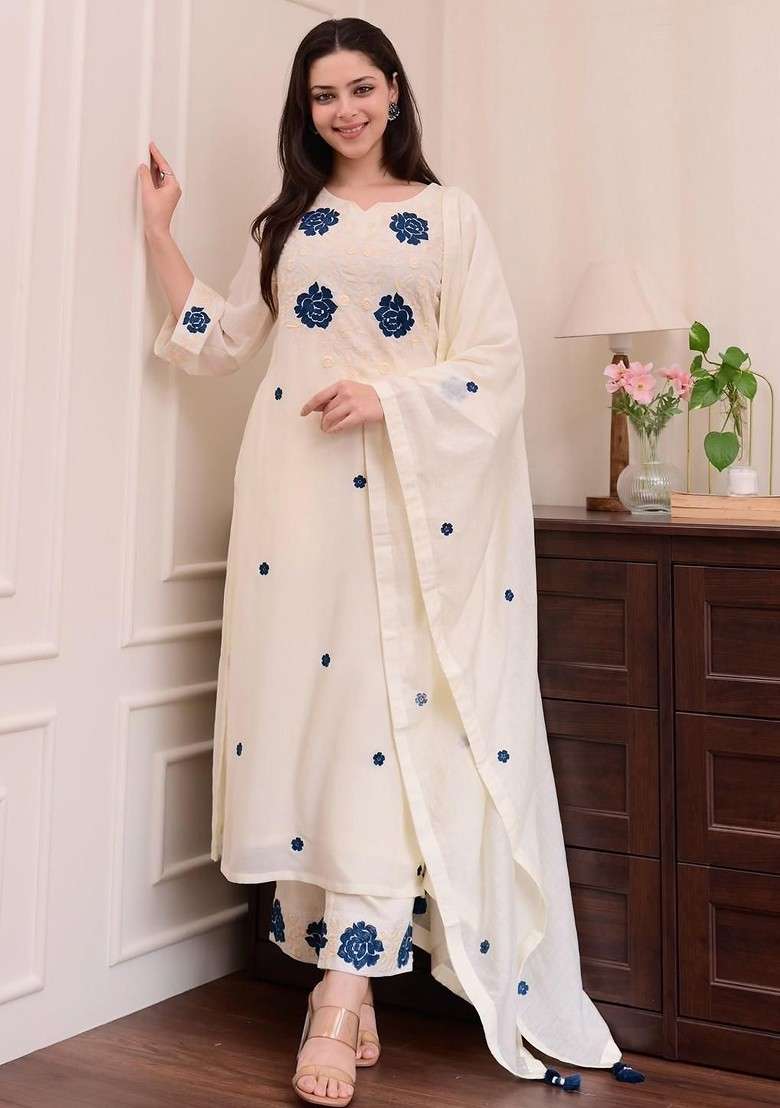 Off White Embroidered Poly Blended Kurta Sets - Indya